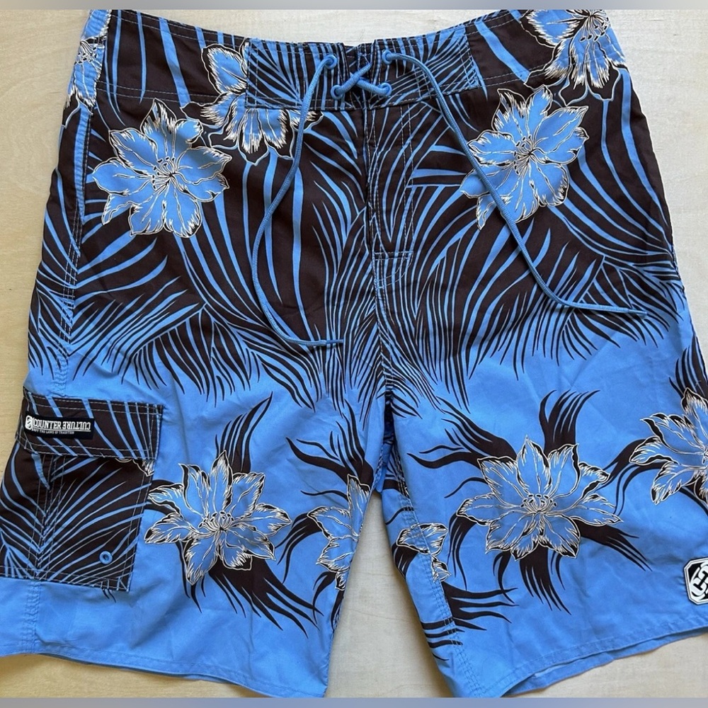 Counter Culture Men’s Sz 32 Board Shorts Swim Trunks Blue Floral Hibiscus